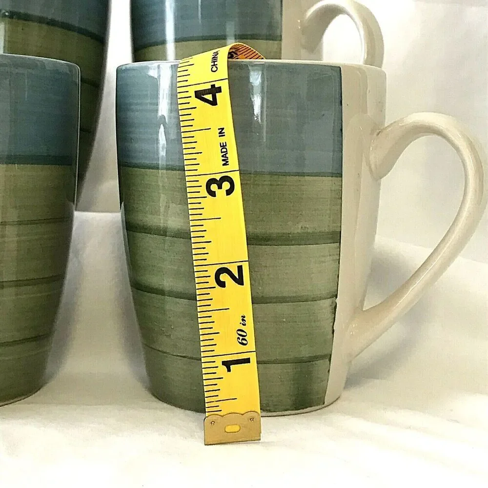 Pier 1 Stoneware Mugs Coffee Tea 4 Set RETIRED Stripe Blue Green Cabincore Beach